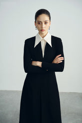 Structured Crepe Midi Dress with Contrast Pointed Collar and Long Sleeve Design